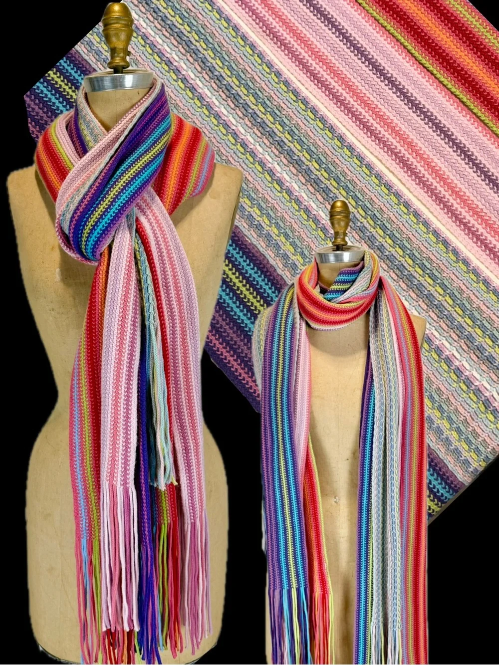 Rainbow scarf set of 4 long skinny crochet wrap fringe multicolor stripe y2k